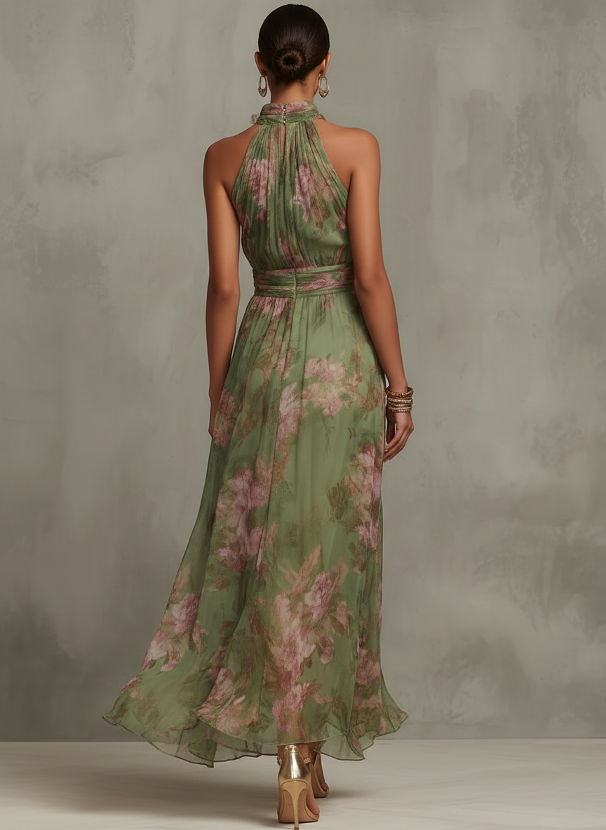 Livia - Elegant Maxikjole med Blomsterhalterneck