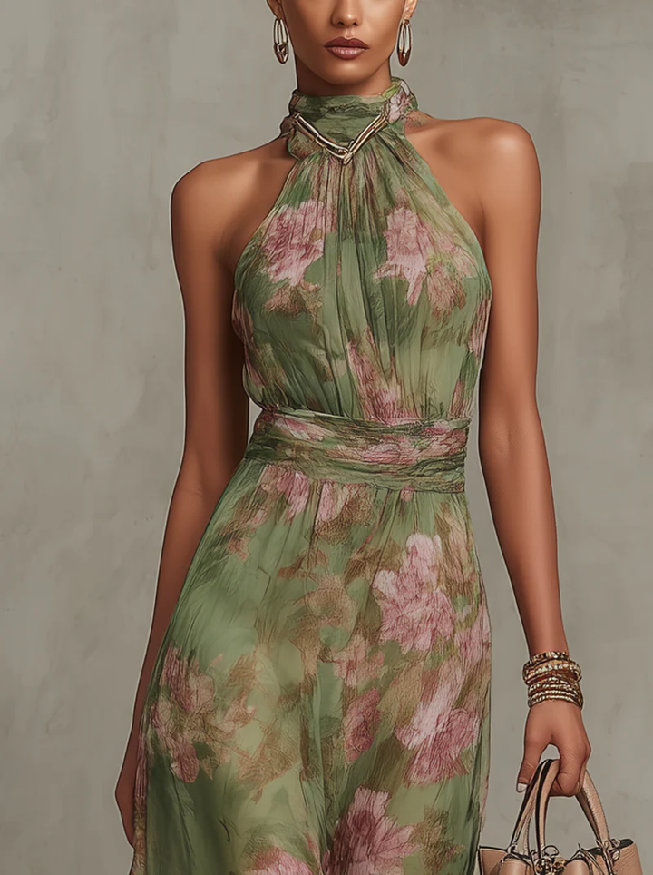 Livia - Elegant Maxikjole med Blomsterhalterneck