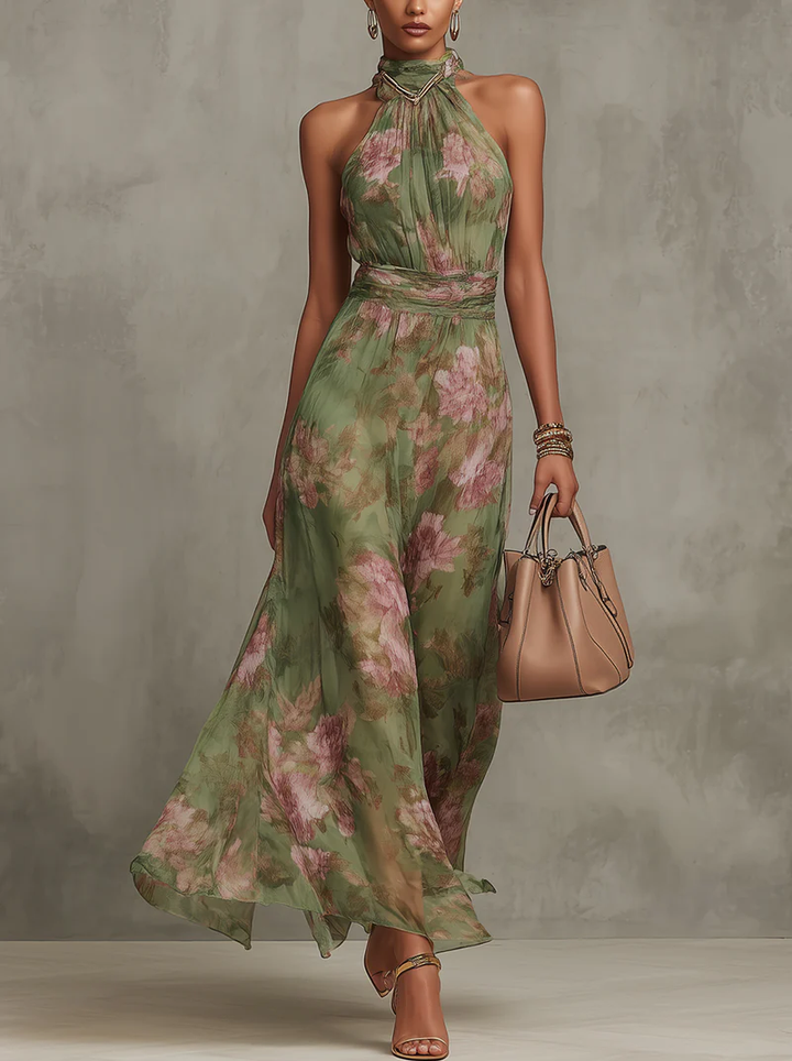Livia - Elegant Maxikjole med Blomsterhalterneck