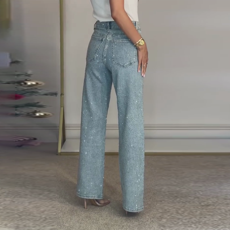 Emma | Rhinestone-jeans med rett ben | Mikro-stretchstoff med høy midje og slank passform
