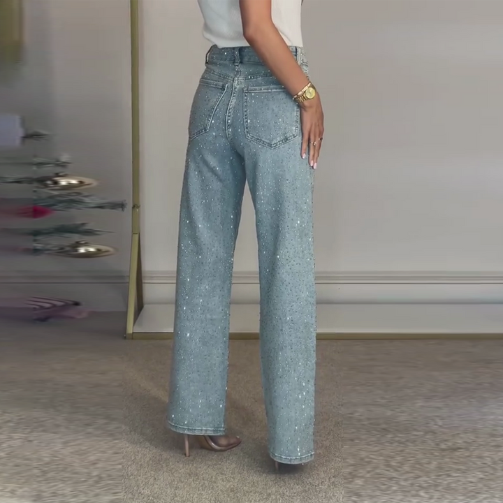 Emma | Rhinestone-jeans med rett ben | Mikro-stretchstoff med høy midje og slank passform
