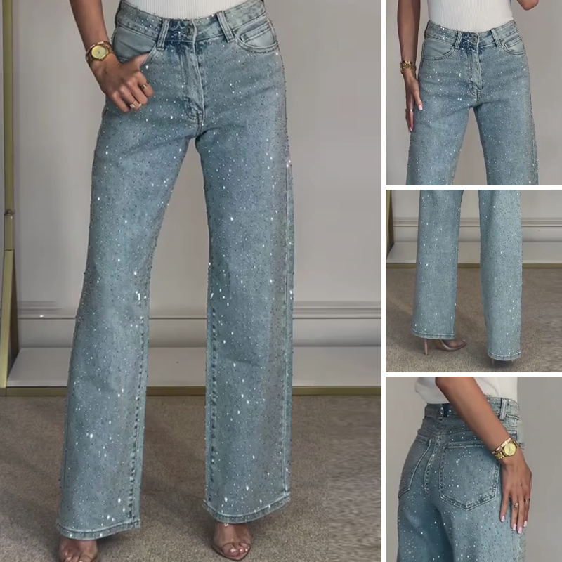 Emma | Rhinestone-jeans med rett ben | Mikro-stretchstoff med høy midje og slank passform