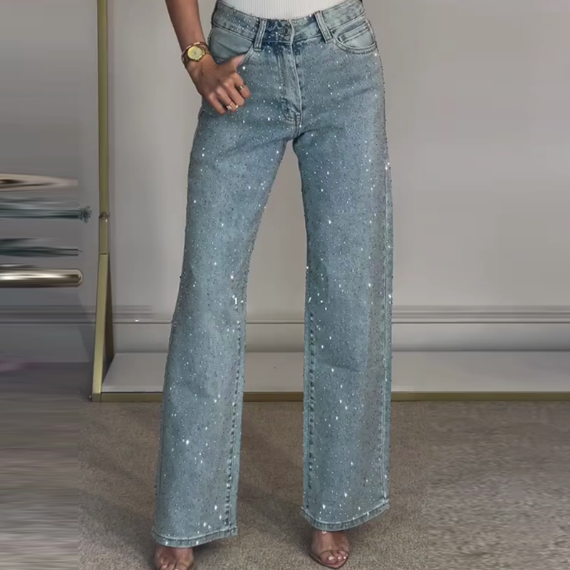 Emma | Rhinestone-jeans med rett ben | Mikro-stretchstoff med høy midje og slank passform