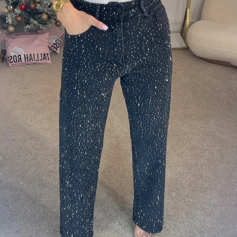 Emma | Rhinestone-jeans med rett ben | Mikro-stretchstoff med høy midje og slank passform