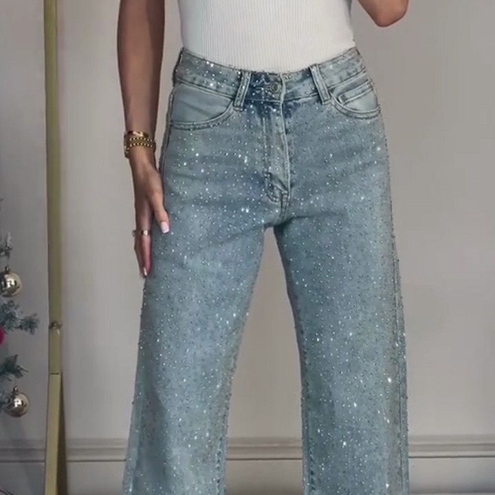 Emma | Rhinestone-jeans med rett ben | Mikro-stretchstoff med høy midje og slank passform