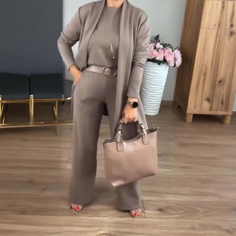 Nora | Elegant 3-delers sett: Lang cardigan, topp og bukser