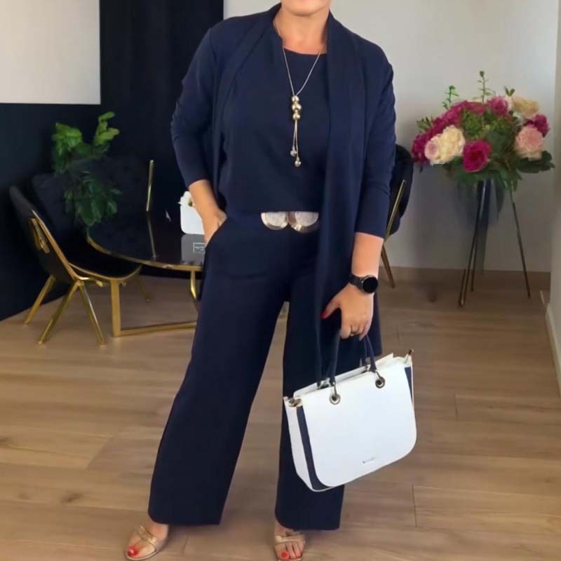 Nora | Elegant 3-delers sett: Lang cardigan, topp og bukser