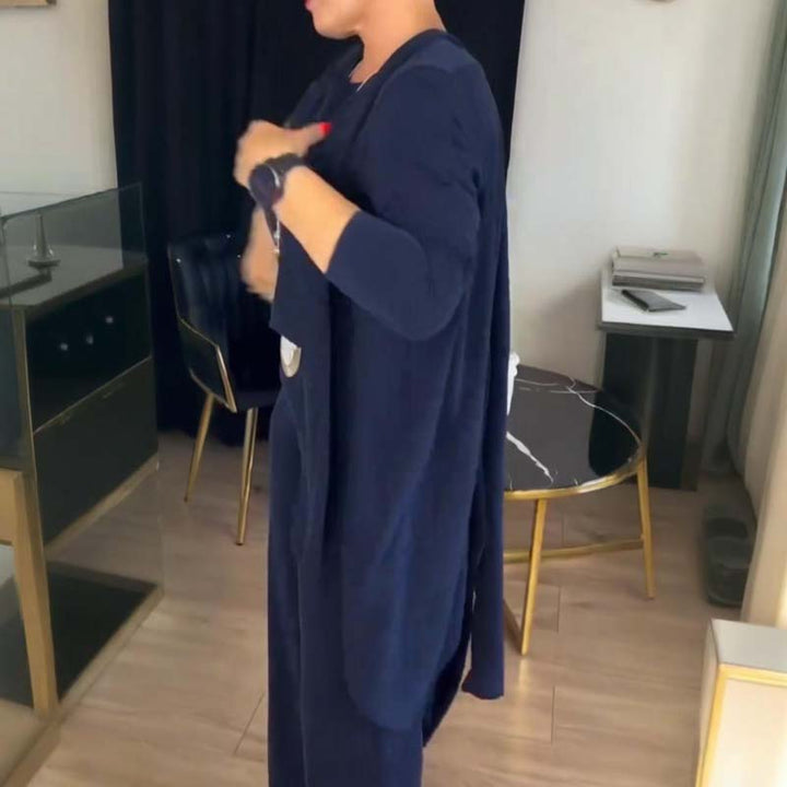 Nora | Elegant 3-delers sett: Lang cardigan, topp og bukser