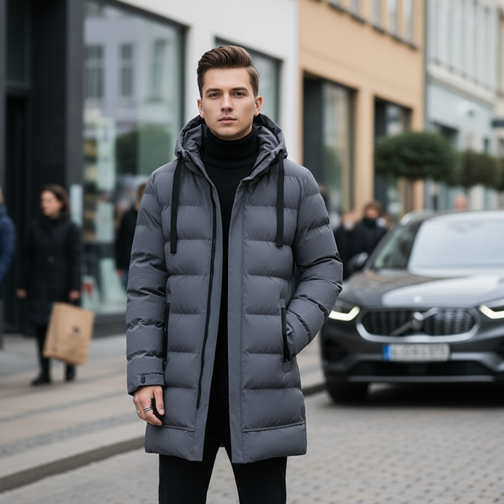 Harald | Herre-dunjakke med hette, middels lang