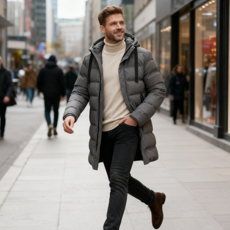 Harald | Herre-dunjakke med hette, middels lang