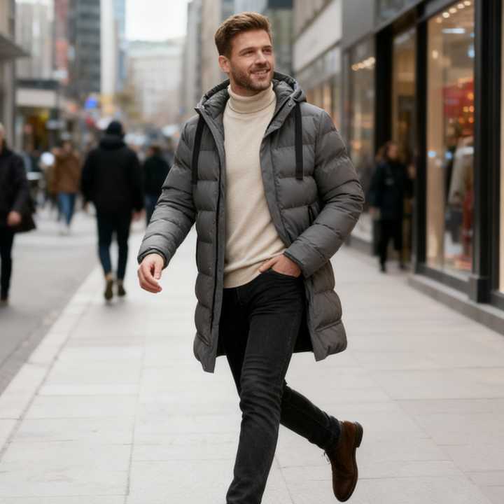 Harald | Herre-dunjakke med hette, middels lang